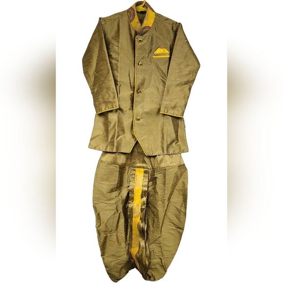Golden Dupion Silk Kids Dhoti Kurta Pajama Boys Size 4 Ethnic Indian Wedding 2pc - Picture 2 of 15